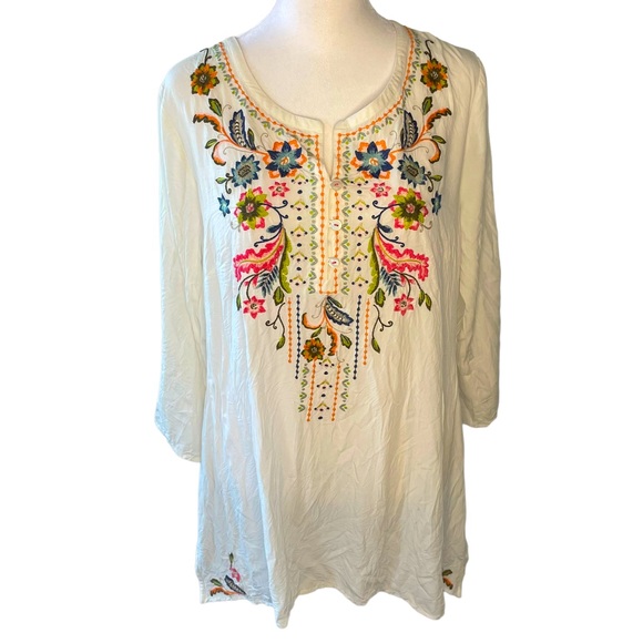 J. Jill Tops - J. Jill Embroidered Floral Tunic Vented Hem Multicolor Flowers Size Large Boho